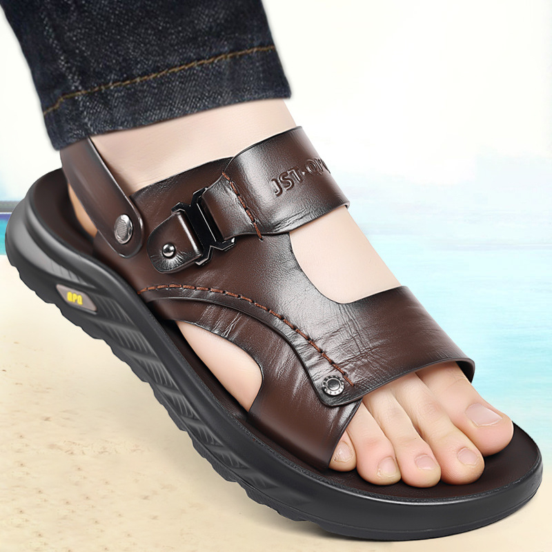 Nyári új strandcipők férfi szandálok valódi bőr lélegző nyitott orrú szandálok kettős célú férfi cipők hétköznapi marhabőr szandálok