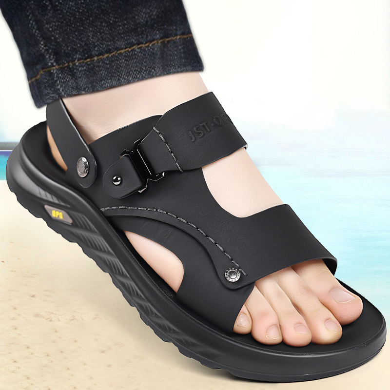 Nyári új strandcipők férfi szandálok valódi bőr lélegző nyitott orrú szandálok kettős célú férfi cipők hétköznapi marhabőr szandálok