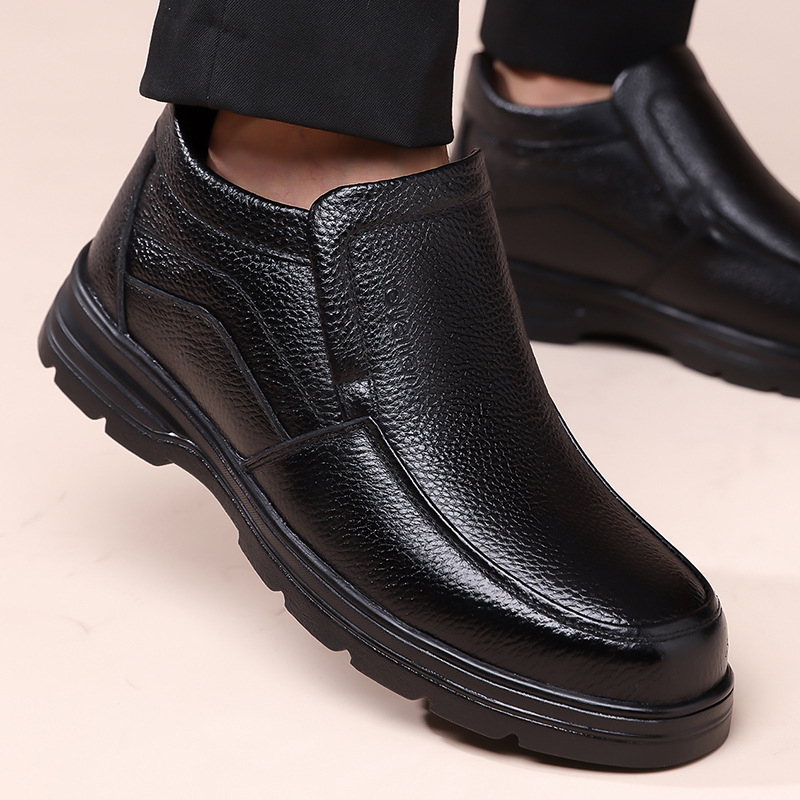 Gyárilag közvetlen első rétegű marhabőr pamut téli polár bélésű meleg bőr középkorú és idős apáknak való vastagított téli csúszásgátló pamut cipő