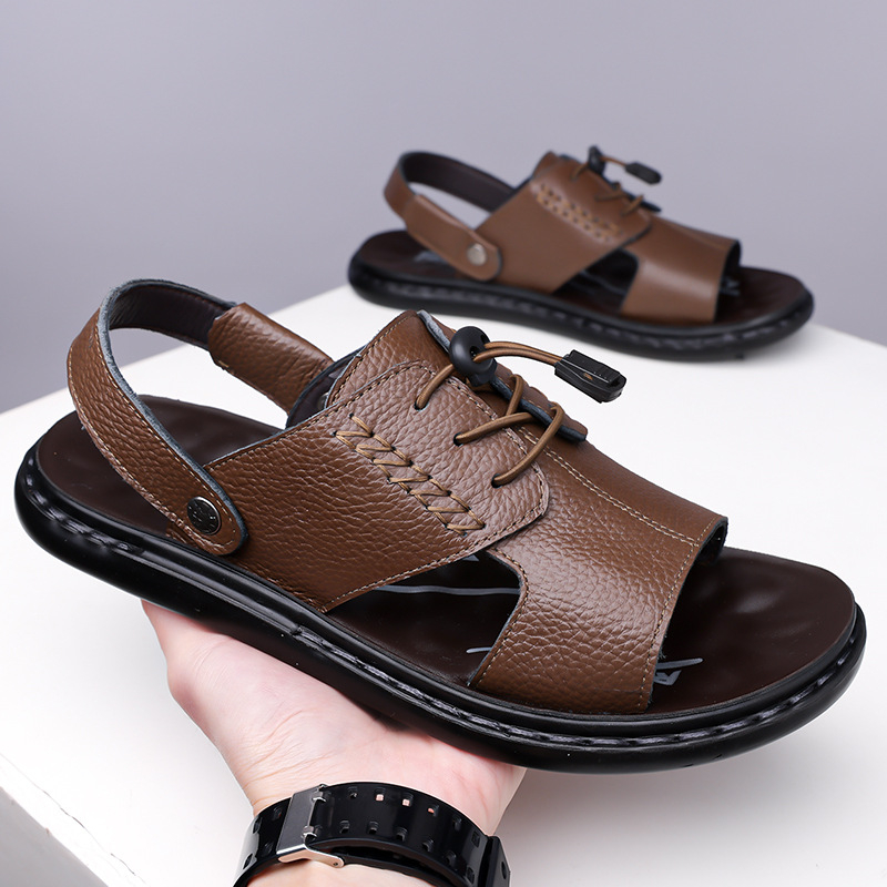 Vastagtalpú férfi szandálok 2025-ös nyárra, új, szabadtéri viselet, marhabőrből készült, alkalmi szandálok és papucsok férfiaknak és apukáknak, kettős célú strandcipők