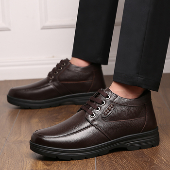 Pamutcipő Férfi Téli Meleg, Polárbéléssel, Vastagított Valódi Bőr Gyapjú Magasszárú Bőrcipő Középkorú és Idős Apáknak Hétköznapi Nagy Pamutcipő