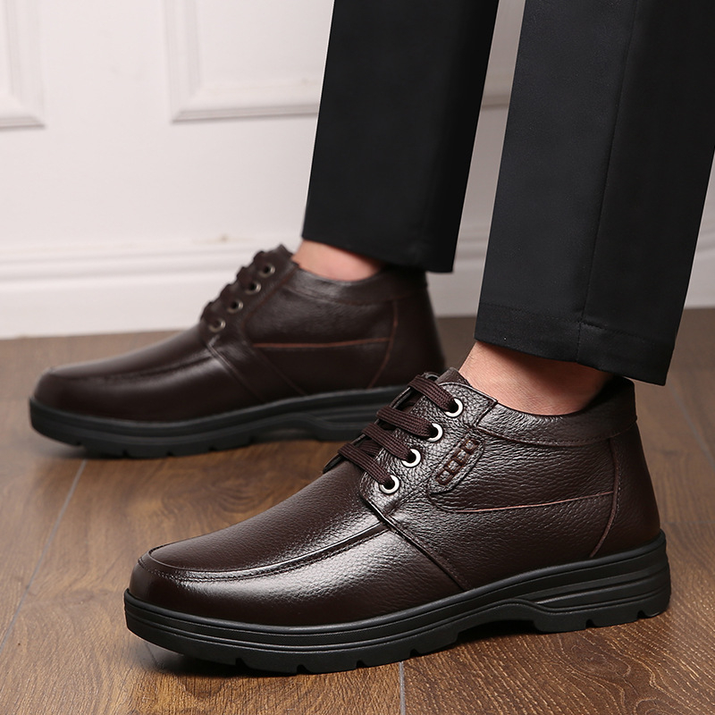 Pamutcipő Férfi Téli Meleg, Polárbéléssel, Vastagított Valódi Bőr Gyapjú Magasszárú Bőrcipő Középkorú és Idős Apáknak Hétköznapi Nagy Pamutcipő