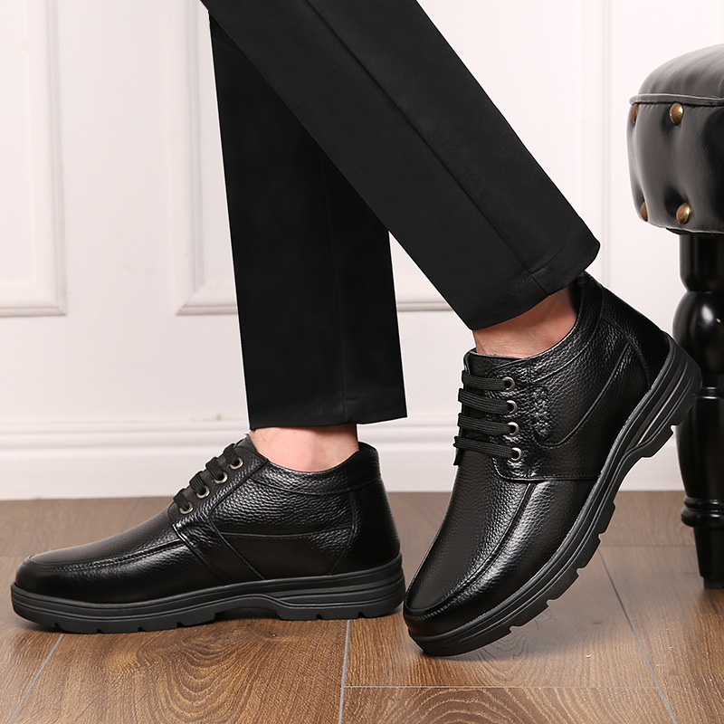 Pamutcipő Férfi Téli Meleg, Polárbéléssel, Vastagított Valódi Bőr Gyapjú Magasszárú Bőrcipő Középkorú és Idős Apáknak Hétköznapi Nagy Pamutcipő