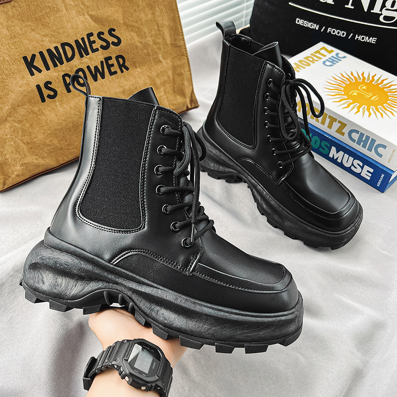 Martin saapad meeste 2024. aasta uued kevadised kõrge säärega Briti stiilis mootorratta nahksaapad meeste paksu tallaga kõrgust suurendavad mustad kombinesoonisaapad