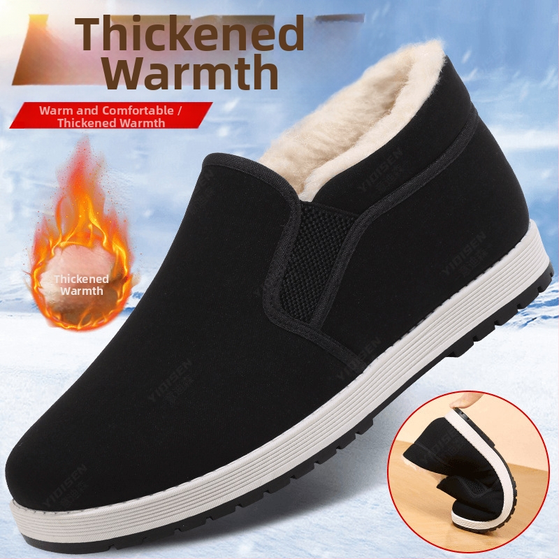 Régi pekingi szövetcipő, férfi téli, gyapjúbéléssel ellátott, meleg pamutcipő, puha talpú, pamutcipő időseknek, bebújós, vastagított apacipő