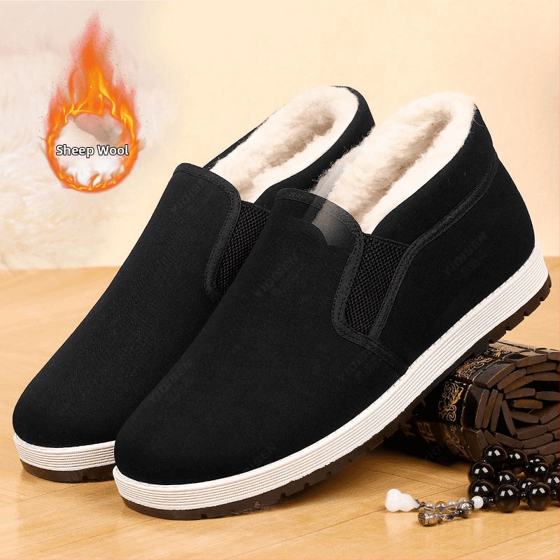 Régi pekingi szövetcipő, férfi téli, gyapjúbéléssel ellátott, meleg pamutcipő, puha talpú, pamutcipő időseknek, bebújós, vastagított apacipő