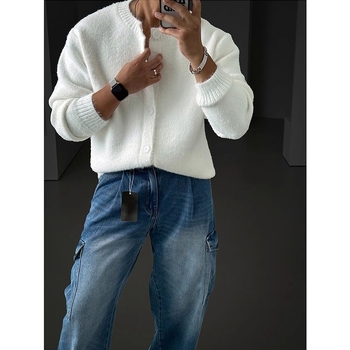 Леко черно палто за зрял стил, есен и зима, ново корейско стилно, свободно, модерен пухкав плетен кардиган, мъжки топ за всички възрасти