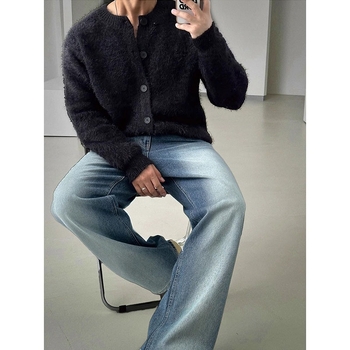 Леко черно палто за зрял стил, есен и зима, ново корейско стилно, свободно, модерен пухкав плетен кардиган, мъжки топ за всички възрасти