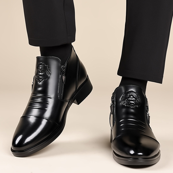 Νέα ανδρικά επαγγελματικά δερμάτινα παπούτσια για το φθινόπωρο και τον χειμώνα, ψηλοτάκουνα δερμάτινα παπούτσια με μυτερό φερμουάρ και κεφάλι λιονταριού, ανδρικά παπούτσια με φλις επένδυση