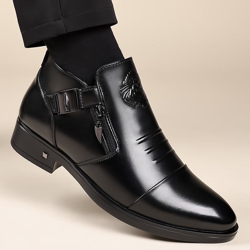 Őszi és téli új férfi üzleti alkalmi bőrcipők, magas szárú, oroszlánfejes, cipzáras, hegyes bőrcipők, bebújós, polár bélésű férficipők