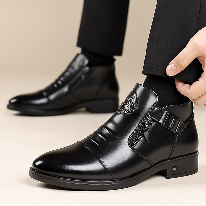 Őszi és téli új férfi üzleti alkalmi bőrcipők, magas szárú, oroszlánfejes, cipzáras, hegyes bőrcipők, bebújós, polár bélésű férficipők