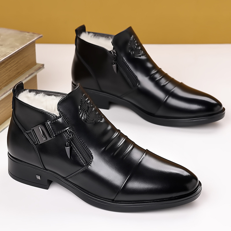 Őszi és téli új férfi üzleti alkalmi bőrcipők, magas szárú, oroszlánfejes, cipzáras, hegyes bőrcipők, bebújós, polár bélésű férficipők