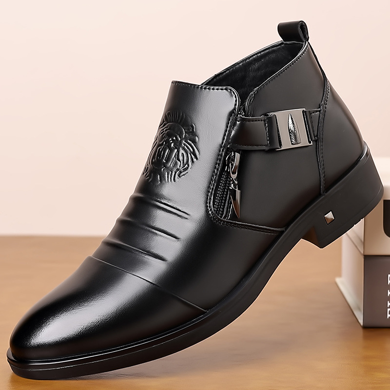 Őszi és téli új férfi üzleti alkalmi bőrcipők, magas szárú, oroszlánfejes, cipzáras, hegyes bőrcipők, bebújós, polár bélésű férficipők
