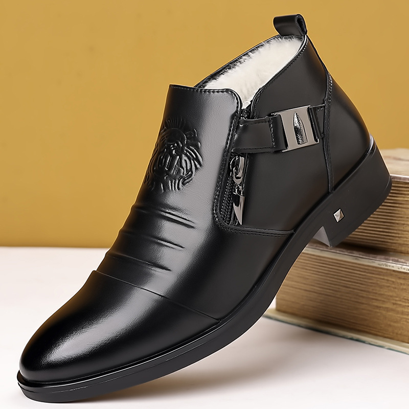 Őszi és téli új férfi üzleti alkalmi bőrcipők, magas szárú, oroszlánfejes, cipzáras, hegyes bőrcipők, bebújós, polár bélésű férficipők