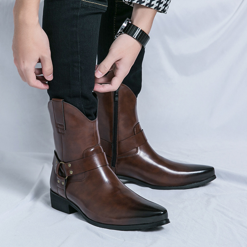 Férfi cipzáras, hegyes szárú bőr csizma, európai és amerikai stílusú, alkalmi, magas szárú bőrcipő, alkalmi, rövid csizma, alkalmi férfi cipők