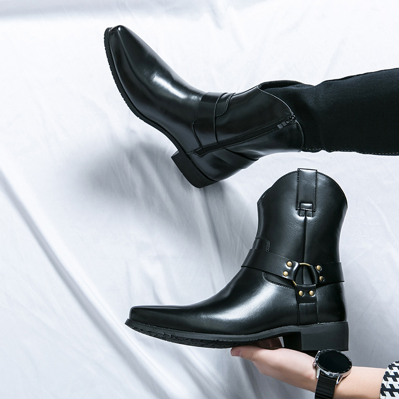 Férfi cipzáras, hegyes szárú bőr csizma, európai és amerikai stílusú, alkalmi, magas szárú bőrcipő, alkalmi, rövid csizma, alkalmi férfi cipők