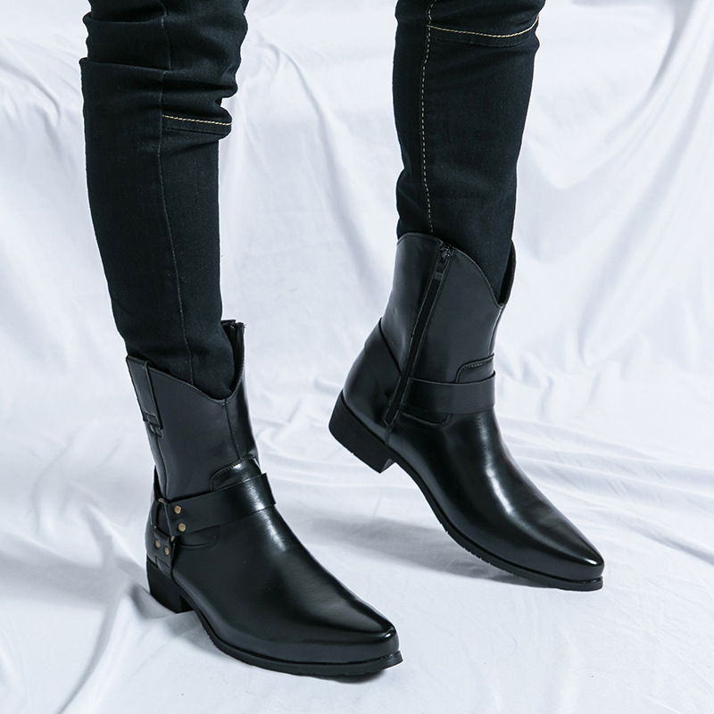 Férfi cipzáras, hegyes szárú bőr csizma, európai és amerikai stílusú, alkalmi, magas szárú bőrcipő, alkalmi, rövid csizma, alkalmi férfi cipők