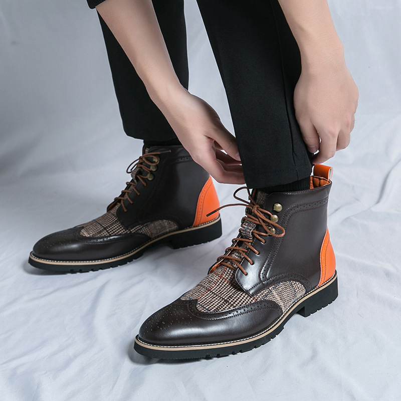 AliExpressi kevadised uued õmblustega teravatipulised kõrged nahast kingad, moodsed vabaajasaapad, pluss-suuruses Briti stiilis meeste kingad