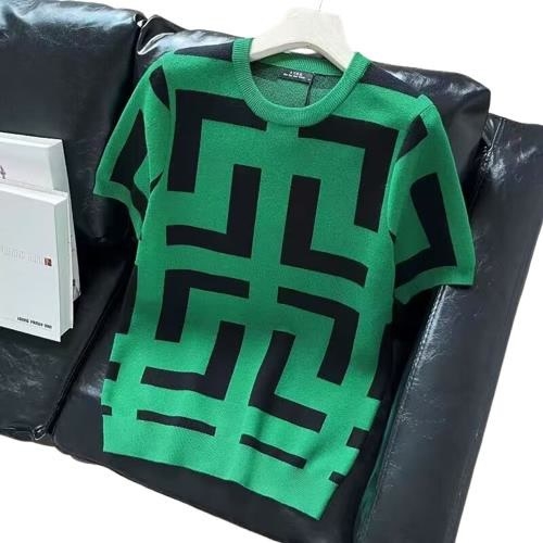 Tricou de vară 2025 cu model geometric de bază pentru bărbați, slim-fit, casual, la modă, de brand, cu mânecă scurtă, tricotat, tricou de vară