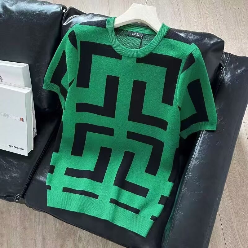 Tricou de vară 2025 cu model geometric de bază pentru bărbați, slim-fit, casual, la modă, de brand, cu mânecă scurtă, tricotat, tricou de vară