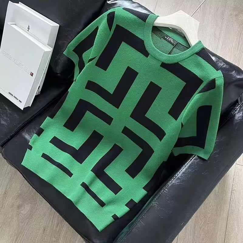 Tricou de vară 2025 cu model geometric de bază pentru bărbați, slim-fit, casual, la modă, de brand, cu mânecă scurtă, tricotat, tricou de vară