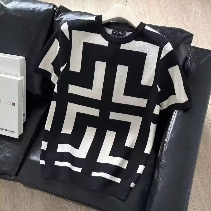 Tricou de vară 2025 cu model geometric de bază pentru bărbați, slim-fit, casual, la modă, de brand, cu mânecă scurtă, tricotat, tricou de vară