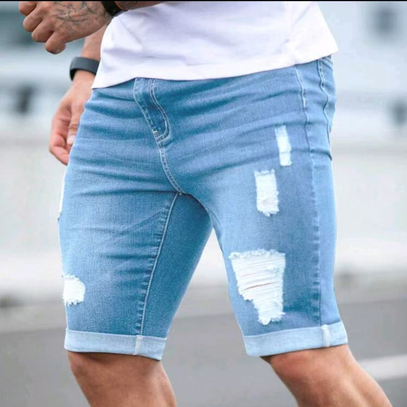 Pantaloni scurți din denim rupți albaștri Cross-Border Temu, design cu mai multe găuri, blugi de vară pentru bărbați, stil subțire de vară