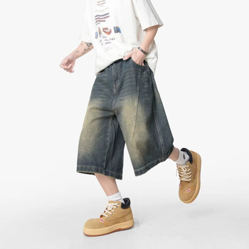 Къси панталони от ретро деним с трансграничен дизайн за мъже, тънки широки панталони със средна дължина и градиент в американски стил, къси шорти над коляното