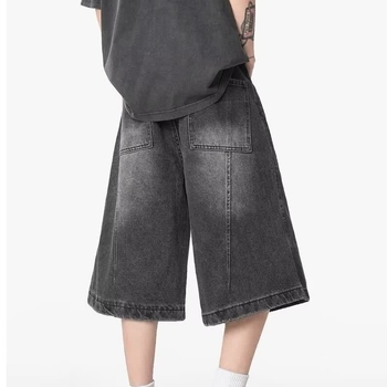 Къси панталони от ретро деним с трансграничен дизайн за мъже, тънки широки панталони със средна дължина и градиент в американски стил, къси шорти над коляното