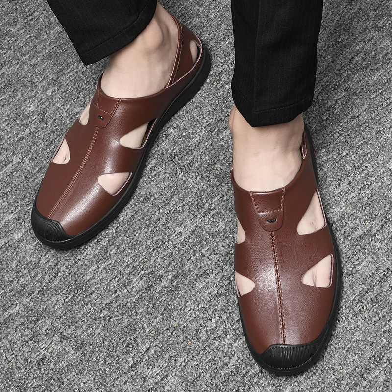 Nyári férfi szandálok, lélegző, puha talpú, külkereskedelmi strandcipők, alkalmi vezetési cipők, férfi marhabőr szandálok, puha bőr