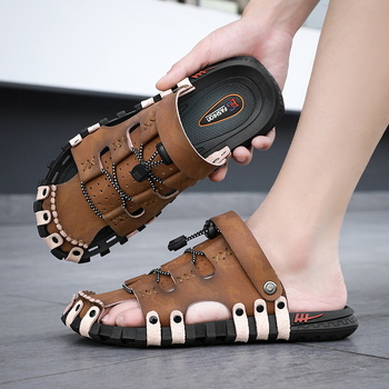 Sanzan bőr szandál férfi nyári lélegző lábujj-lábujj strandcipő puha talpú csúszásmentes középkorú és idős apáknak szóló alkalmi cipő