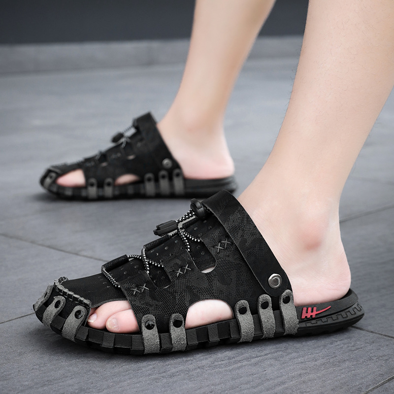 Sanzan bőr szandál férfi nyári lélegző lábujj-lábujj strandcipő puha talpú csúszásmentes középkorú és idős apáknak szóló alkalmi cipő