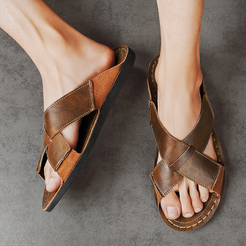 Külkereskedelmi férfi bőr szandál, divatos, európai állomású, római szandál, ifjúsági, kültéri cipő, 48-as méretű, alkalmi cipő, lélegző cipő