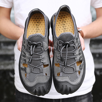 Valódi bőr szandál férfi nyári puha talpú hálós, zárt orrú, strandcipő, alkalmi, plus size, lélegző, lyukas, divatos