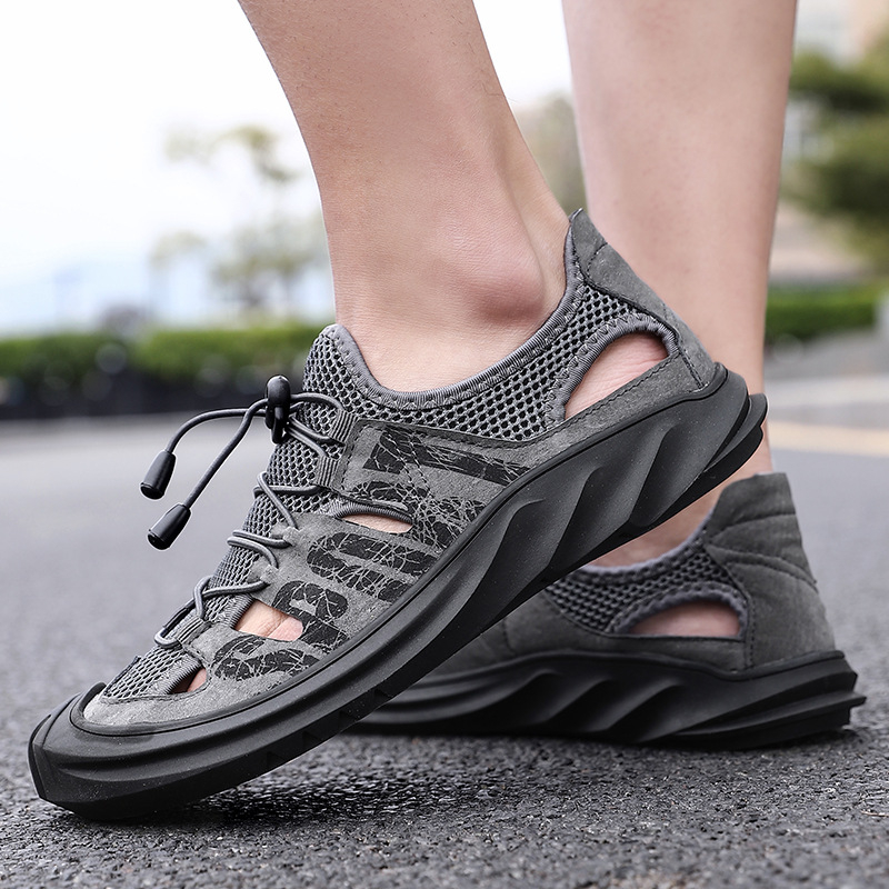 Valódi bőr szandál férfi nyári puha talpú hálós, zárt orrú, strandcipő, alkalmi, plus size, lélegző, lyukas, divatos