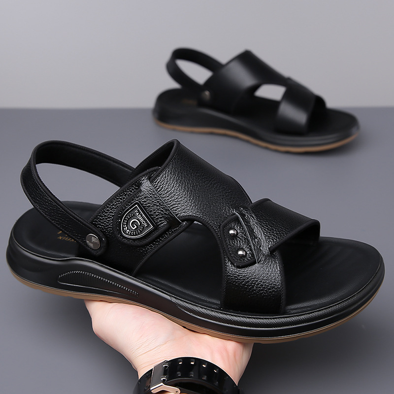 [Piele de vacă autentică] Sandale pentru bărbați de mărime mare, pantofi de vară casual pentru plajă, pentru îmbrăcăminte exterioară, sandale și papuci cu dublă utilizare, Dropshipping
