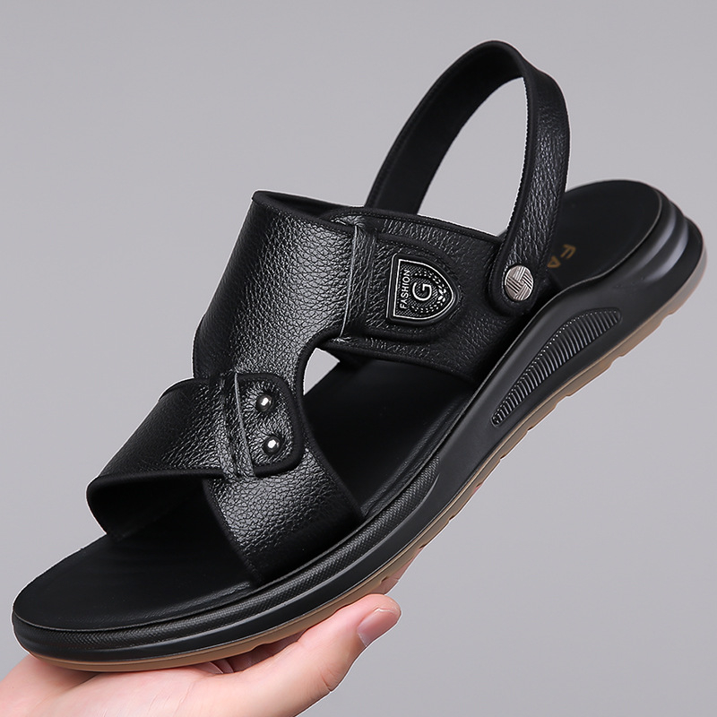 [Piele de vacă autentică] Sandale pentru bărbați de mărime mare, pantofi de vară casual pentru plajă, pentru îmbrăcăminte exterioară, sandale și papuci cu dublă utilizare, Dropshipping