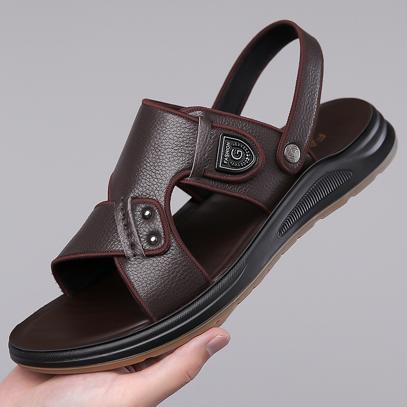 [Piele de vacă autentică] Sandale pentru bărbați de mărime mare, pantofi de vară casual pentru plajă, pentru îmbrăcăminte exterioară, sandale și papuci cu dublă utilizare, Dropshipping