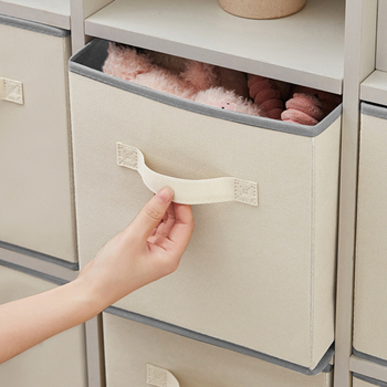 Κουτί αποθήκευσης καρό ντουλαπιού με πτυσσόμενο καπάκι, κουτί αποθήκευσης με συρτάρι από ύφασμα, τετράγωνο κουτί αποθήκευσης μπεζ