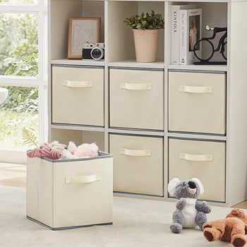 Κουτί αποθήκευσης καρό ντουλαπιού με πτυσσόμενο καπάκι, κουτί αποθήκευσης με συρτάρι από ύφασμα, τετράγωνο κουτί αποθήκευσης μπεζ