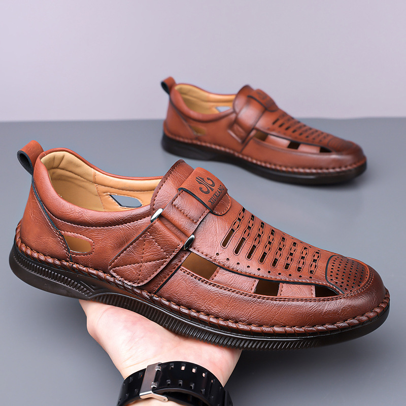 Explosions 2024 Sandale din piele pentru bărbați de vară, sandale din piele goale cu talpă moale respirabilă pentru bărbați, sandale antiderapante pentru tați de vârstă mijlocie