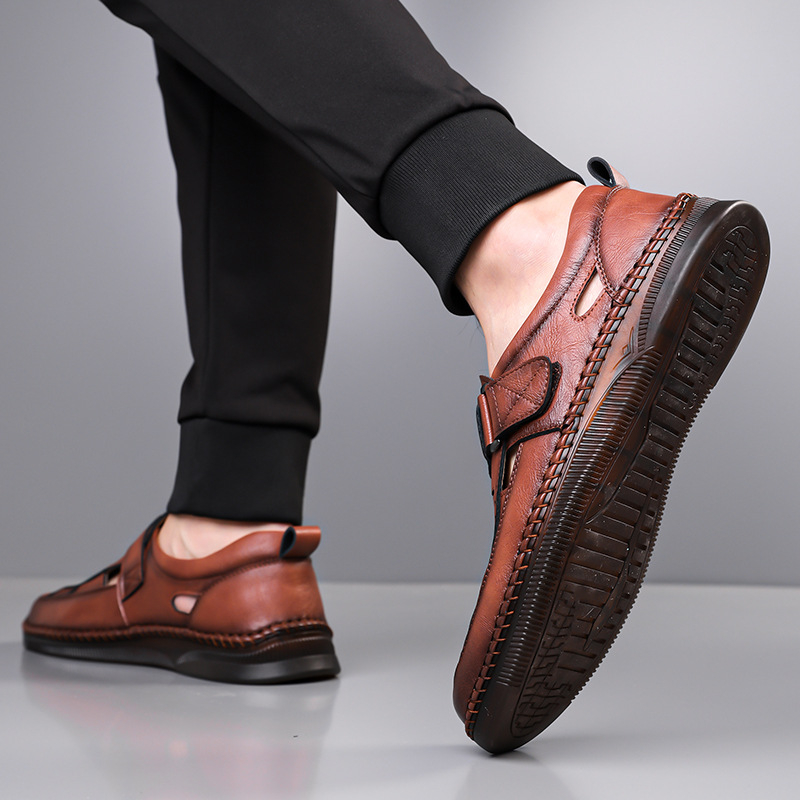 Explosions 2024 Sandale din piele pentru bărbați de vară, sandale din piele goale cu talpă moale respirabilă pentru bărbați, sandale antiderapante pentru tați de vârstă mijlocie