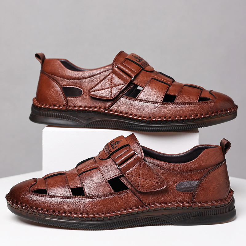 Pantofi de vară pentru bărbați, din piele moale, casual, cu găuri goale, sandale, geantă de afaceri din piele moale, cu talpă cap, pantofi din piele pentru tată