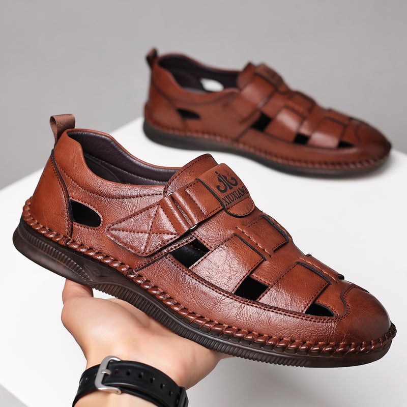 Pantofi de vară pentru bărbați, din piele moale, casual, cu găuri goale, sandale, geantă de afaceri din piele moale, cu talpă cap, pantofi din piele pentru tată