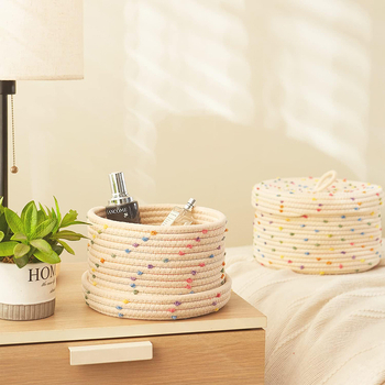 Καλάθι από υφαντό βαμβακερό σχοινί με χρωματιστές κουκκίδες, στρογγυλό καλάθι αποθήκευσης, φινίρισμα, διακόσμηση σπιτιού, καλάθι με βρώμικα ρούχα, καλάθι αποθήκευσης