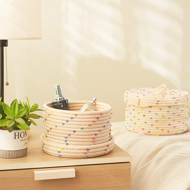 Színes pöttyös pamut kötélből szőtt kosár virágcserép kerek tárolókosár lakberendezési dekoráció piszkos ruhakosár piszkos ruhakosár tárolókosár