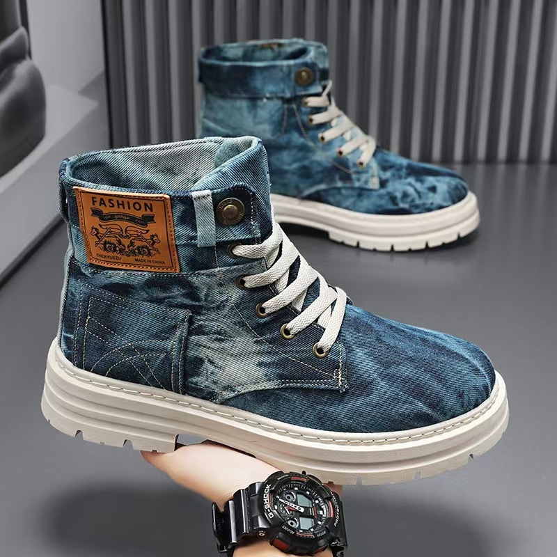 Határokon átnyúló nagy méretű tavaszi és őszi vastag talpú farmer csizma munkaruha retro western alkalmi rövid csizma lélegző szövet férfi cipő