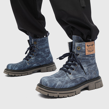 2024 Új Őszi Koreai Stílusú Édes és Laza Retro Stílusú Vastag Sarkú Kerek Orrú Elülső Fűzős Férfi Középvádlású Farmer Martin Csizma