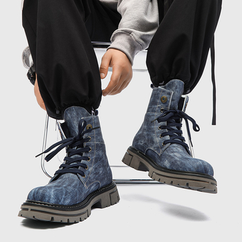 Νέο Φθινόπωρο 2024 Κορεάτικο Στυλ Γλυκό και Κουλ Ρετρό Στυλ Χοντρό Τακούνι Στρογγυλή Μύτη με Δέσιμο Μπροστά και Κορδόνια μέχρι τη Μέση της Γάμπας, Ανδρικές Μπότες Denim Martin μέχρι τη Μέση της Γάμπας
