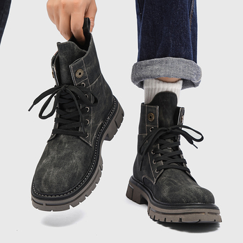 Νέο Φθινόπωρο 2024 Κορεάτικο Στυλ Γλυκό και Κουλ Ρετρό Στυλ Χοντρό Τακούνι Στρογγυλή Μύτη με Δέσιμο Μπροστά και Κορδόνια μέχρι τη Μέση της Γάμπας, Ανδρικές Μπότες Denim Martin μέχρι τη Μέση της Γάμπας